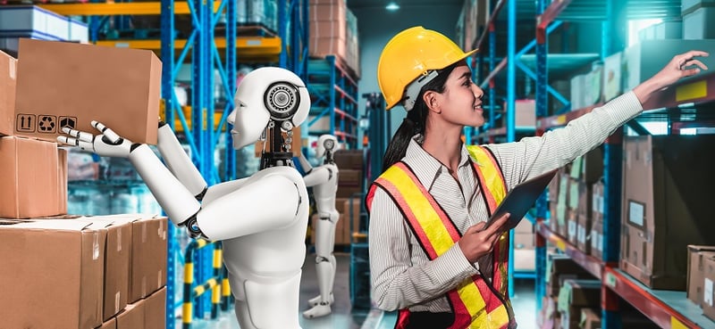 Innovative,Industry,Robot,Working,In,Warehouse,Together,With,Human,Worker