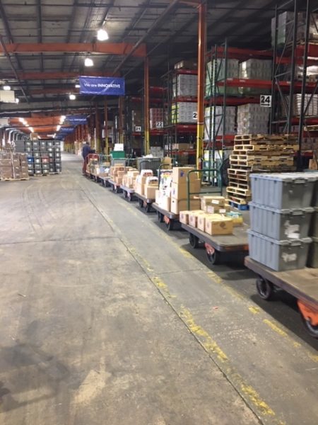 The trailers allow the user to pick four customer orders in one pass thru the warehouse.