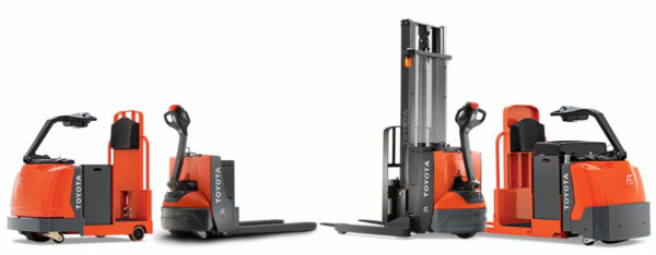 Pictured left to right: The Core Tow Tractor, Electric Walkie Pallet Jack, Walkie Stacker, Center-Controlled Rider Pallet Jack from the Toyota Material Handling Class III product lineup.