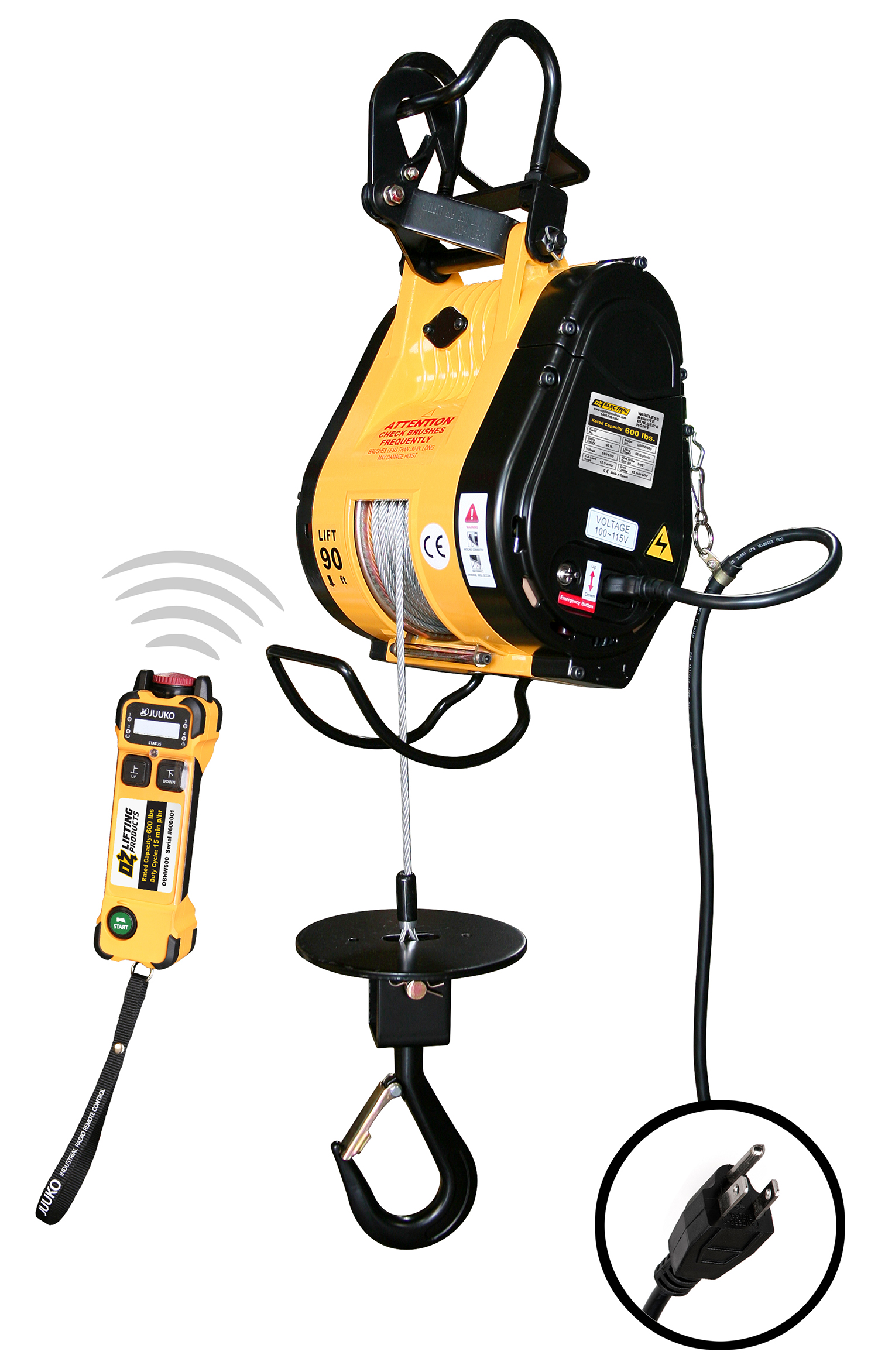 OZ Lifting’s 600-lb. capacity wireless builder’s (wire rope) hoist. image