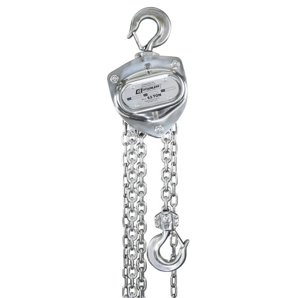 OZ Lifting’s new 0.5-ton capacity stainless steel manual chain hoist. image