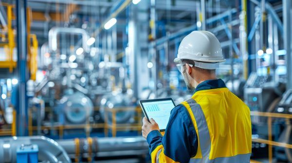 Factory engineers utilizing tablet for real-time data visualizat image