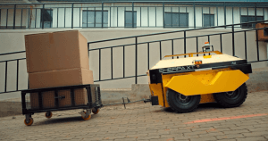 Sherpa XT pulling a trolley up an incline. 3D LiDAR technology enables AMRs to adapt to existing infrastructure. Image Credit: Ati Motors