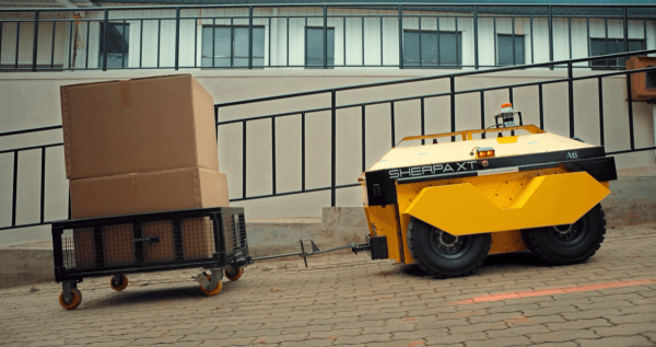 Sherpa XT pulling a trolley up an incline. 3D LiDAR technology enables AMRs to adapt to existing infrastructure. Image Credit: Ati Motors