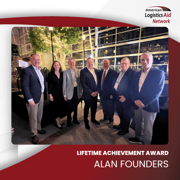 On October 5, ALAN honored its co-founders – including the six pictured here with Executive Director Kathy Fulton – with its 2025 Humanitarian Logistics Lifetime Achievement Award. Pictured from left to right: Kevin Smith (Rule One Consulting), Mike Gardner (Holman Logistics), Bob Shaunnessey (Partners Warehouse / Flex Logistics) John Nofsinger (retired CEO of MHI), Richard Sharpe (Competitive Insights), Rick Blasgen (retired CEO of CSCMP).