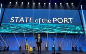 Port of Long Beach CEO Dr. Noel Hacegaba delivers his first State of the Port address to 1,300 industry partners, community members and civic and labor leaders gathered at the Long Beach Arena. 