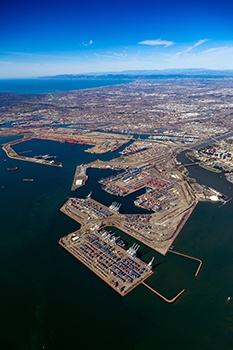 Port of Long Beach looking northwest from above Pier J.