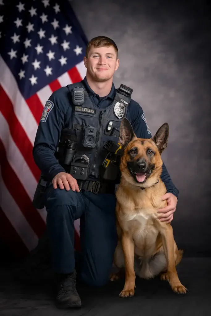 Officer Lucas Kleckner and Ozkar, of the New Hampton Police Department, Iowa.