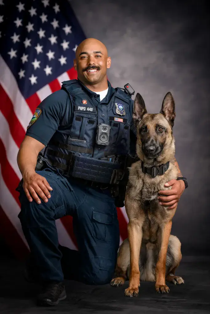 Officer Shawn Hoffman and Ozlo, of the Pleasant Hill Police Department, Iowa.